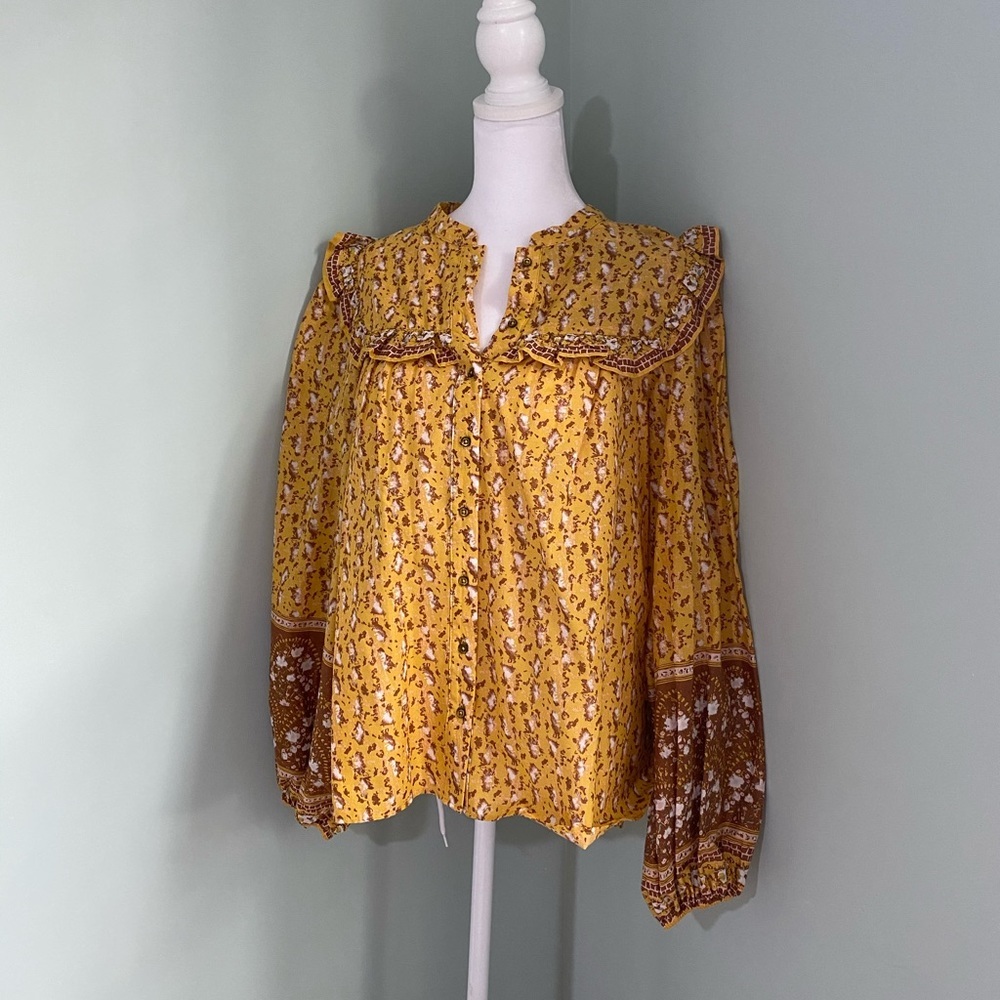 NEW Joie Yellow Puff Shoulder Ruffle Yoke Button-Down Cotton Blouse - Picture 2 of 5